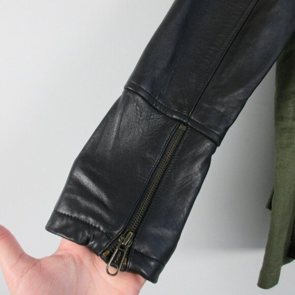 Club Monaco Alixi Utility Moto Jacket Women M Green Black Leather Sleeves 796 - Picture 11 of 14